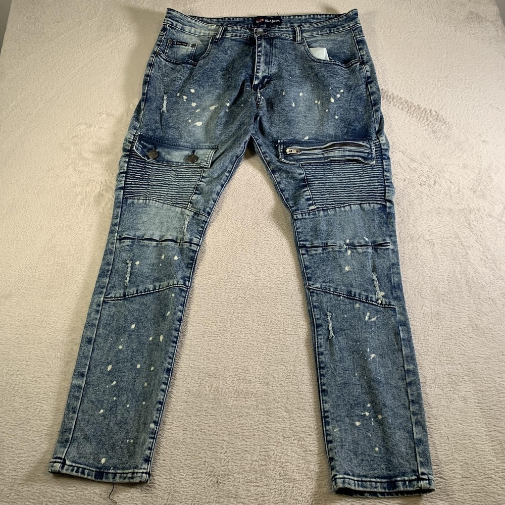 Phat Farm Jeans Mens 38x31 Blue Paint Splatte Slim Tapered Moto Biker Distressed
